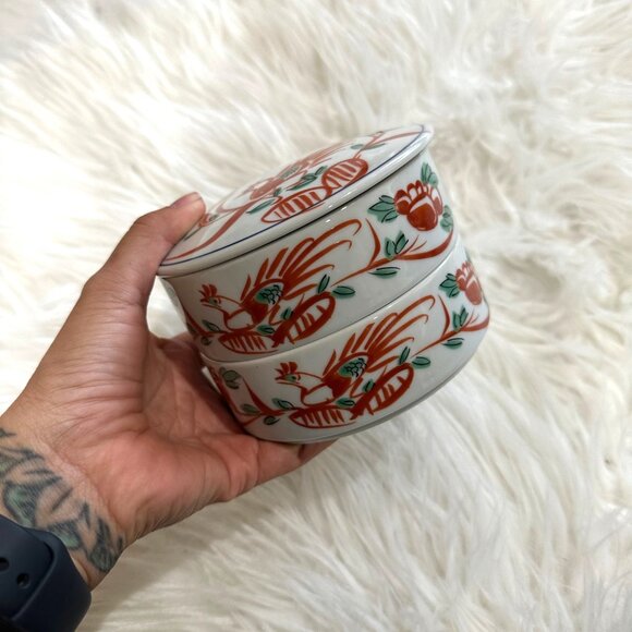 Akae Floral Bowls with Lid Round Jewelry Holder Home Decor Accent Made in Japan - Picture 1 of 7